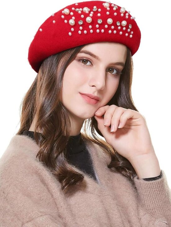 Women\'s Classic French Wool Beret Pearl & Rhinestone Embellishment Hat Red main image 3